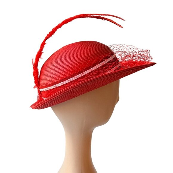 Vintage 50s Red Straw Hat by Sylvia Veil Feather Trim Kentucky Derby Fascinator main image 4